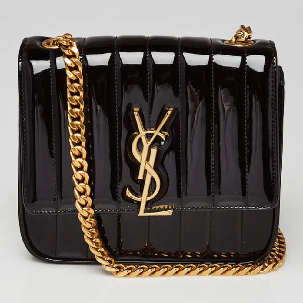 Saint Laurent Black Quilted Patent Leather Vicky Crossbody Bag